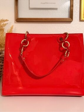 Red Patent Tote Bag with Gold Hardware